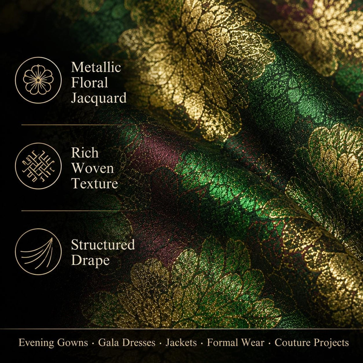 Emerald Green Floral Jacquard Fabric by the Yard, Metallic Gold Brocade for Evening Gowns & Couture