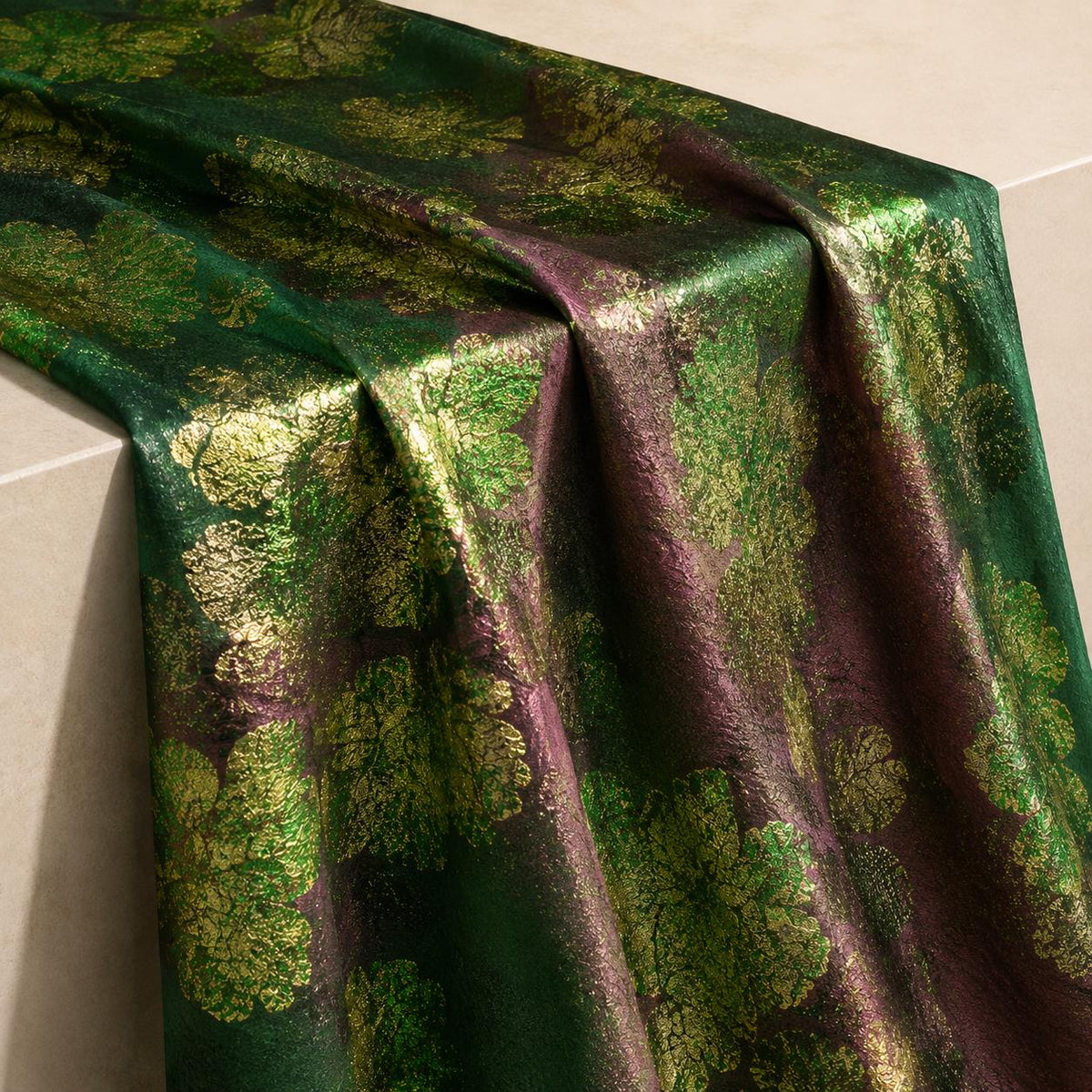 Emerald Green Floral Jacquard Fabric by the Yard, Metallic Gold Brocade for Evening Gowns & Couture