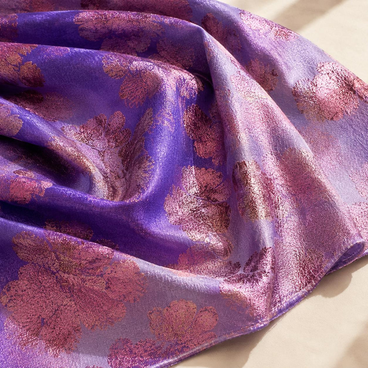 Purple Floral Jacquard Fabric by the Yard, Rose Gold Metallic Brocade for Evening Gowns & Formal Dresses