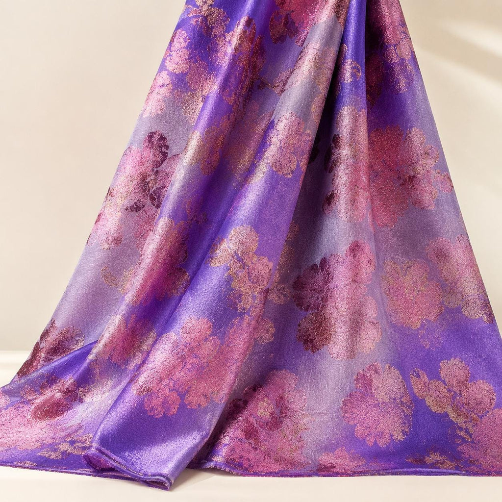 Purple Floral Jacquard Fabric by the Yard, Rose Gold Metallic Brocade for Evening Gowns & Formal Dresses