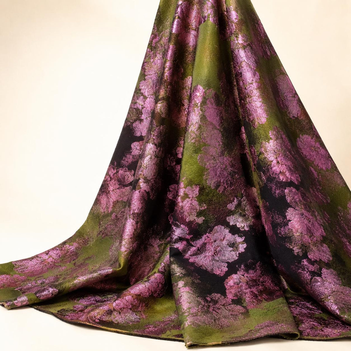 Olive Green Floral Jacquard Fabric by the Yard, Pink Metallic Brocade for Evening Gowns, Jackets & Couture