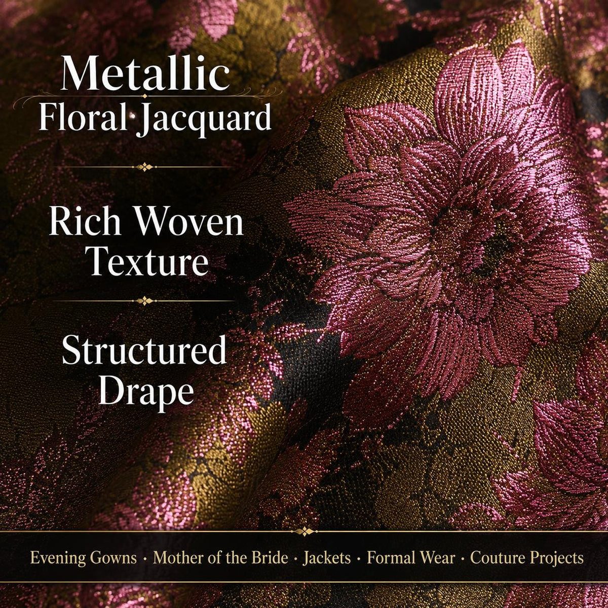 Olive Green Floral Jacquard Fabric by the Yard, Pink Metallic Brocade for Evening Gowns, Jackets & Couture