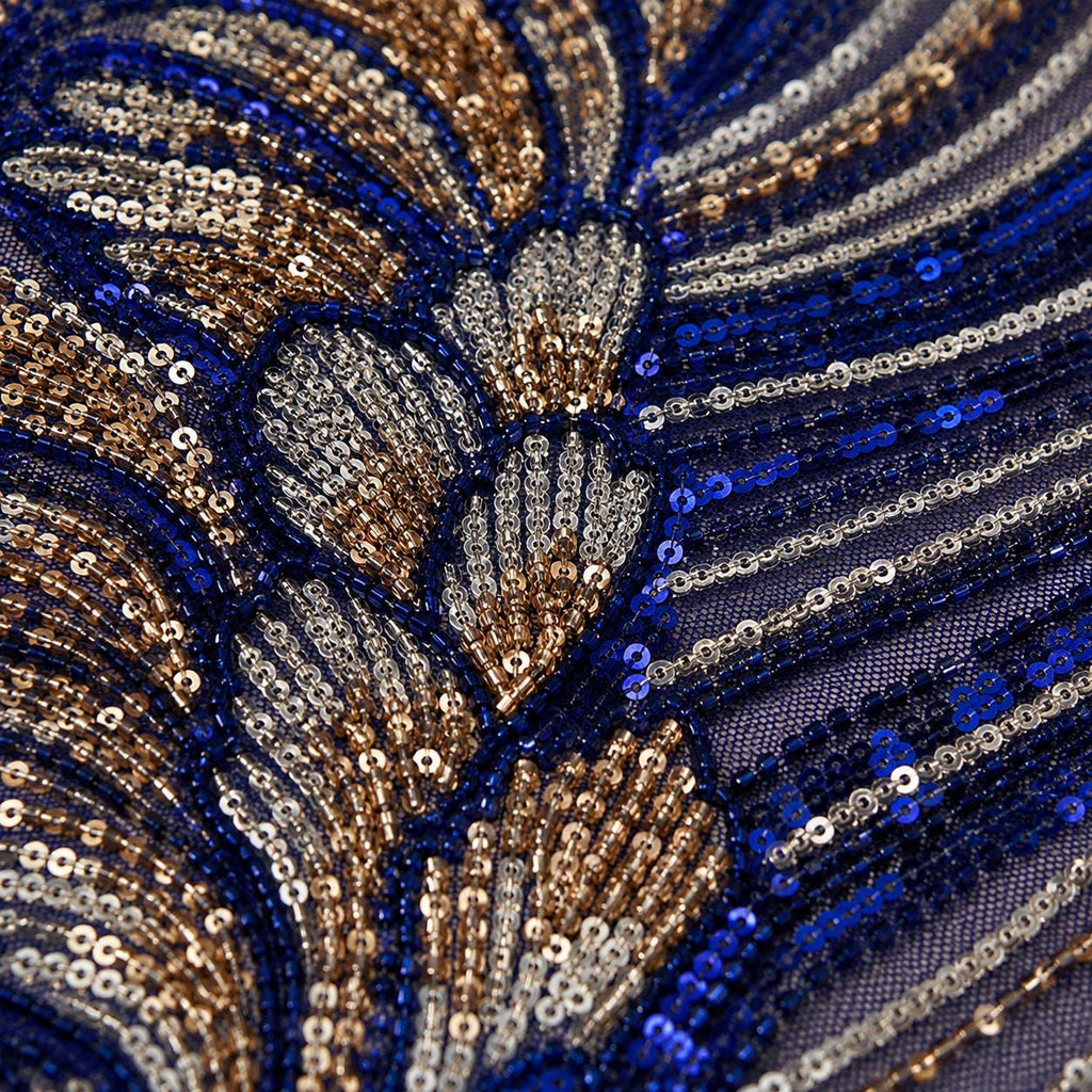 Navy Blue Beaded Lace Fabric by the Yard, Silver Gold Sequin Mesh for Evening Gowns, Gala Dresses & Couture