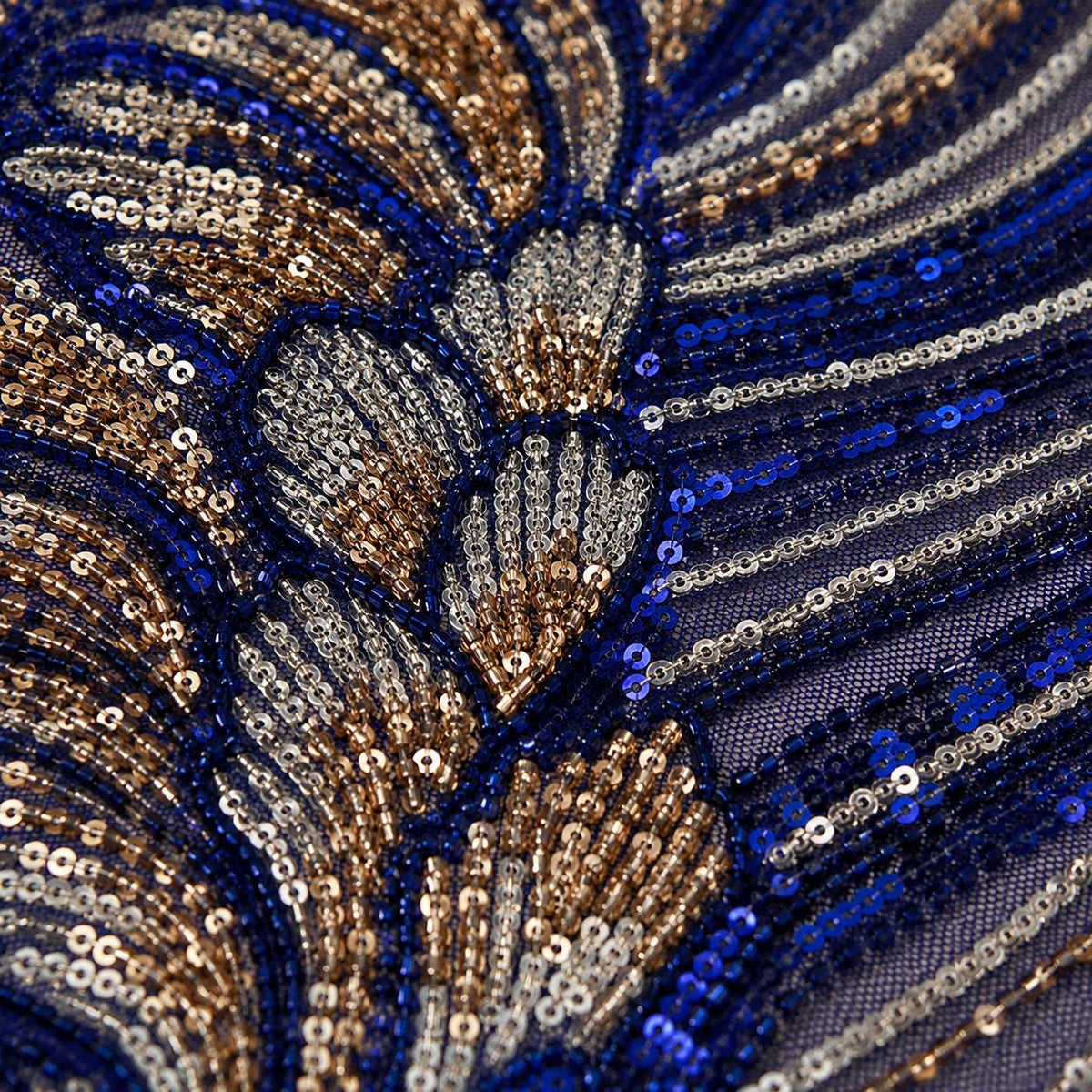 Navy Blue Beaded Lace Fabric by the Yard, Silver Gold Sequin Mesh for Evening Gowns, Gala Dresses & Couture