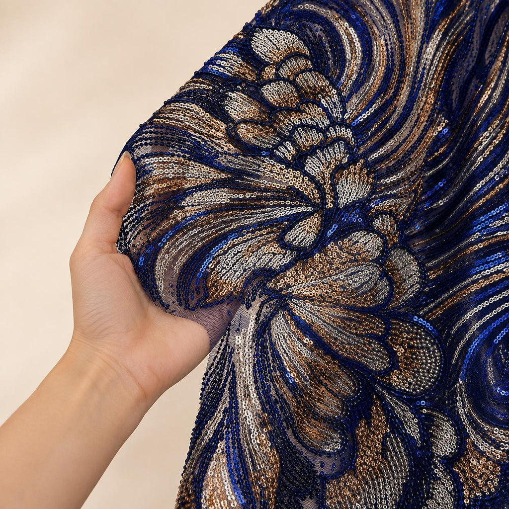 Navy Blue Beaded Lace Fabric by the Yard, Silver Gold Sequin Mesh for Evening Gowns, Gala Dresses & Couture