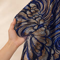 Navy Blue Beaded Lace Fabric by the Yard, Silver Gold Sequin Mesh for Evening Gowns, Gala Dresses & Couture