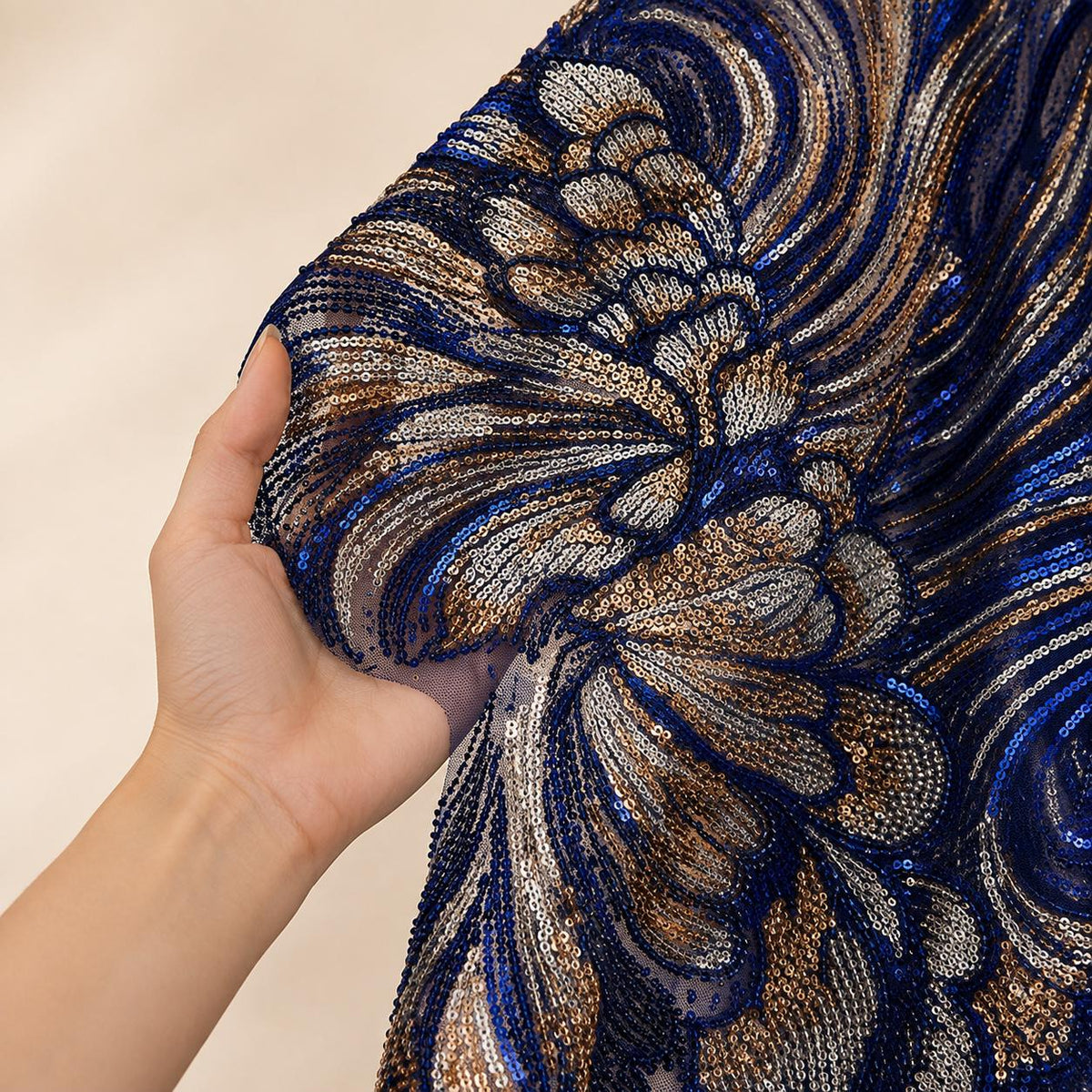 Navy Blue Beaded Lace Fabric by the Yard, Silver Gold Sequin Mesh for Evening Gowns, Gala Dresses & Couture