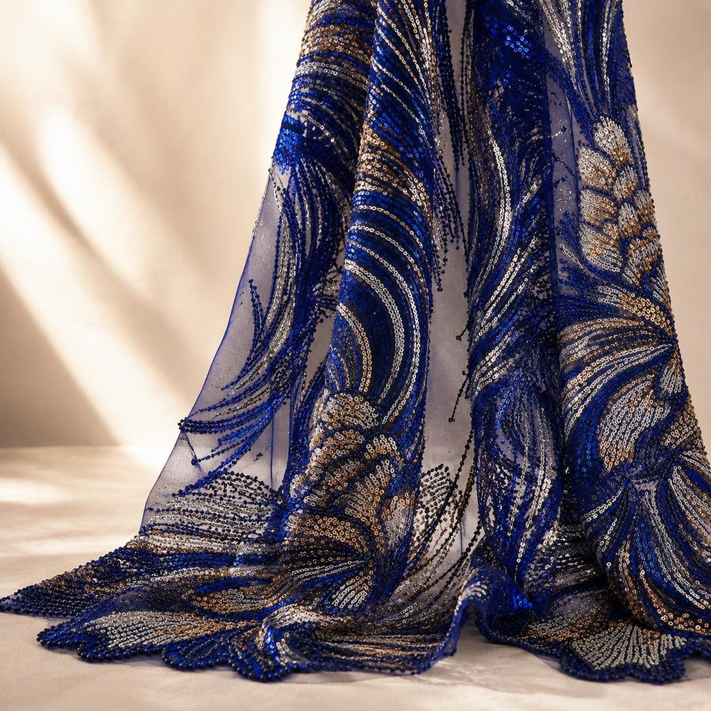 Navy Blue Beaded Lace Fabric by the Yard, Silver Gold Sequin Mesh for Evening Gowns, Gala Dresses & Couture