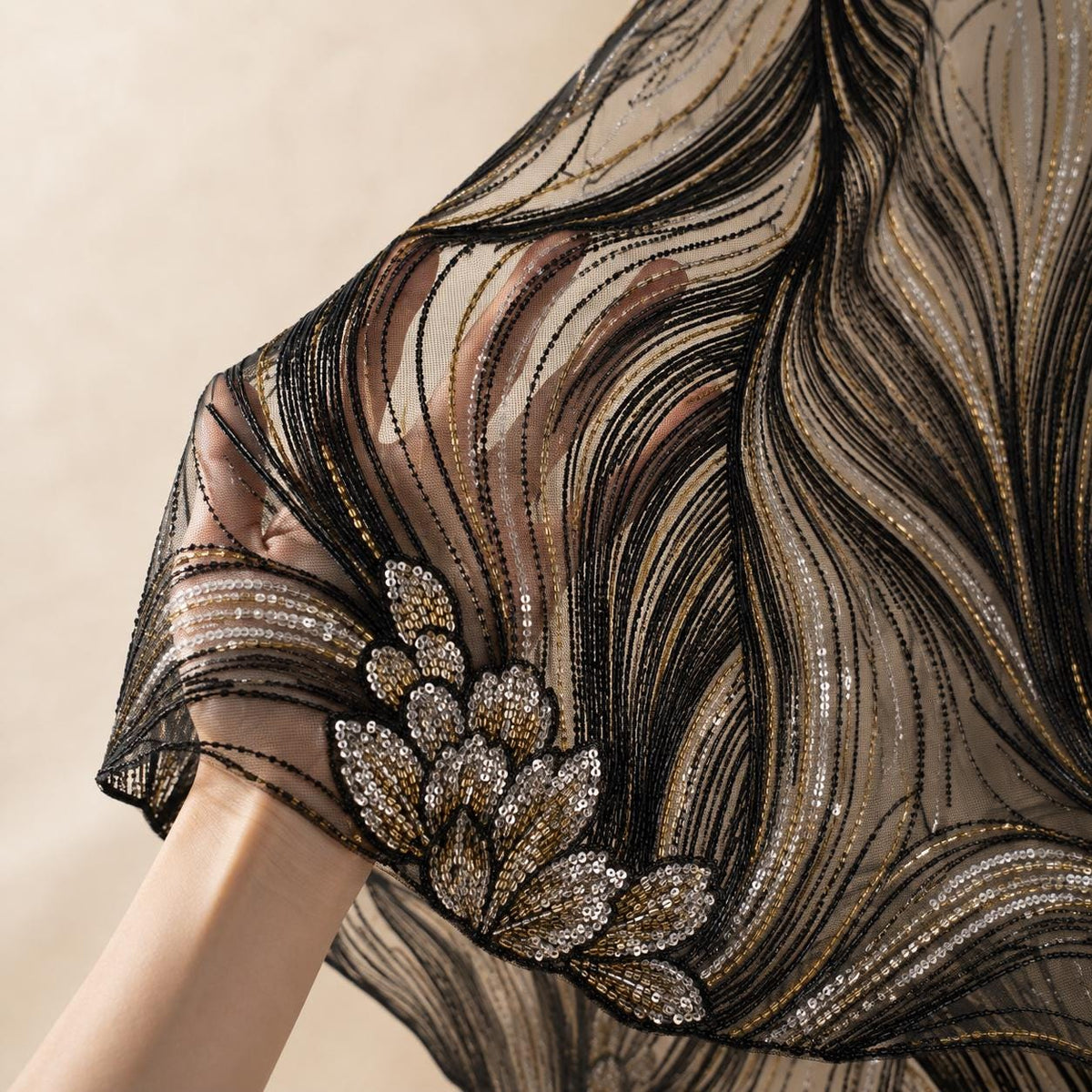 Black Gold Beaded Lace Fabric by the Yard, Silver Sequin Mesh with Wave Floral Embroidery, Evening Gown & Couture Fabric