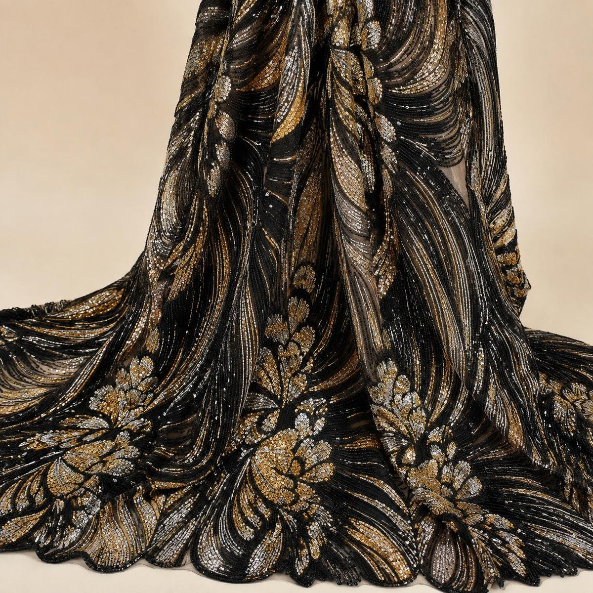 Black Gold Beaded Lace Fabric by the Yard, Silver Sequin Mesh with Wave Floral Embroidery, Evening Gown & Couture Fabric