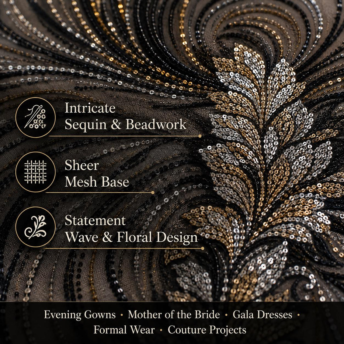 Black Gold Beaded Lace Fabric by the Yard, Silver Sequin Mesh with Wave Floral Embroidery, Evening Gown & Couture Fabric