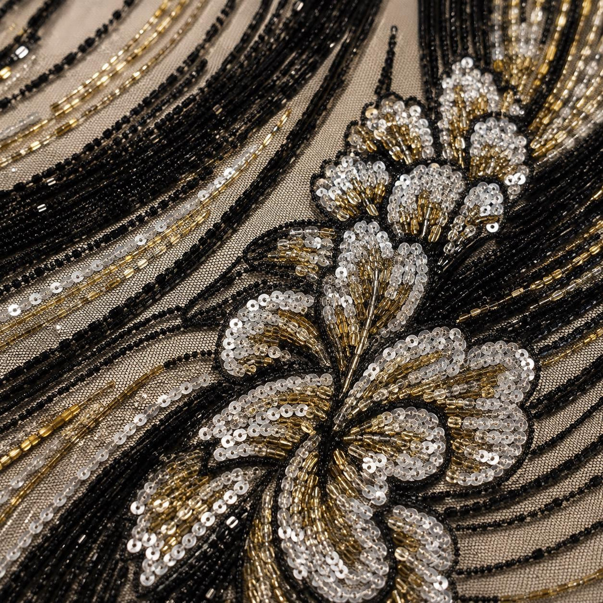 Black Gold Beaded Lace Fabric by the Yard, Silver Sequin Mesh with Wave Floral Embroidery, Evening Gown & Couture Fabric