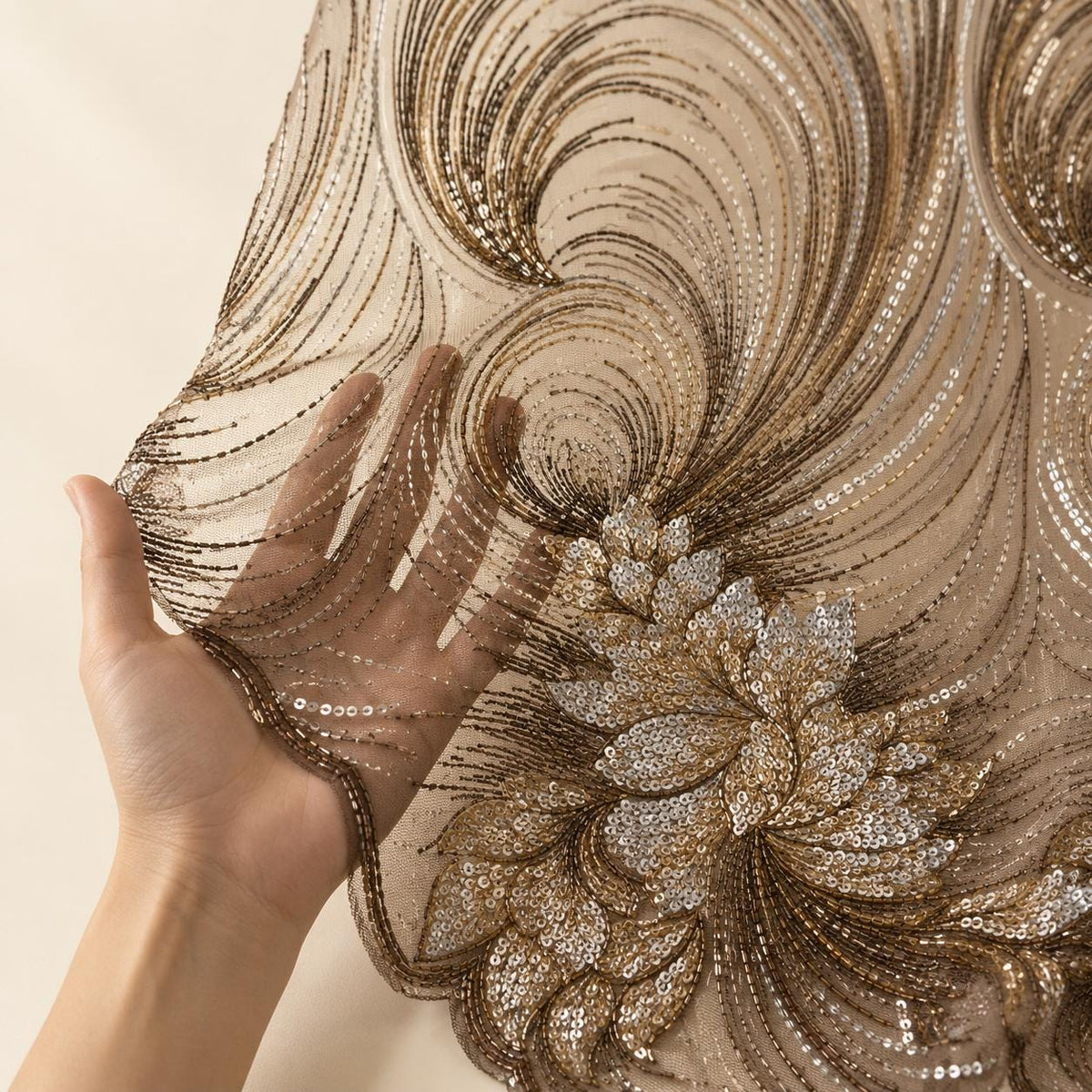 Champagne Gold Beaded Lace Fabric by the Yard, Silver Sequin Mesh with Wave Floral Embroidery, Evening Gown & Couture Fabric