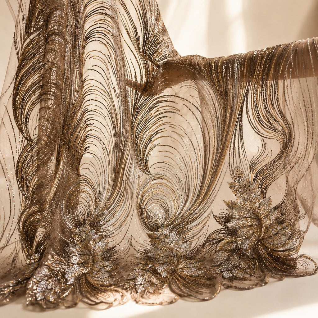 Champagne Gold Beaded Lace Fabric by the Yard, Silver Sequin Mesh with Wave Floral Embroidery, Evening Gown & Couture Fabric