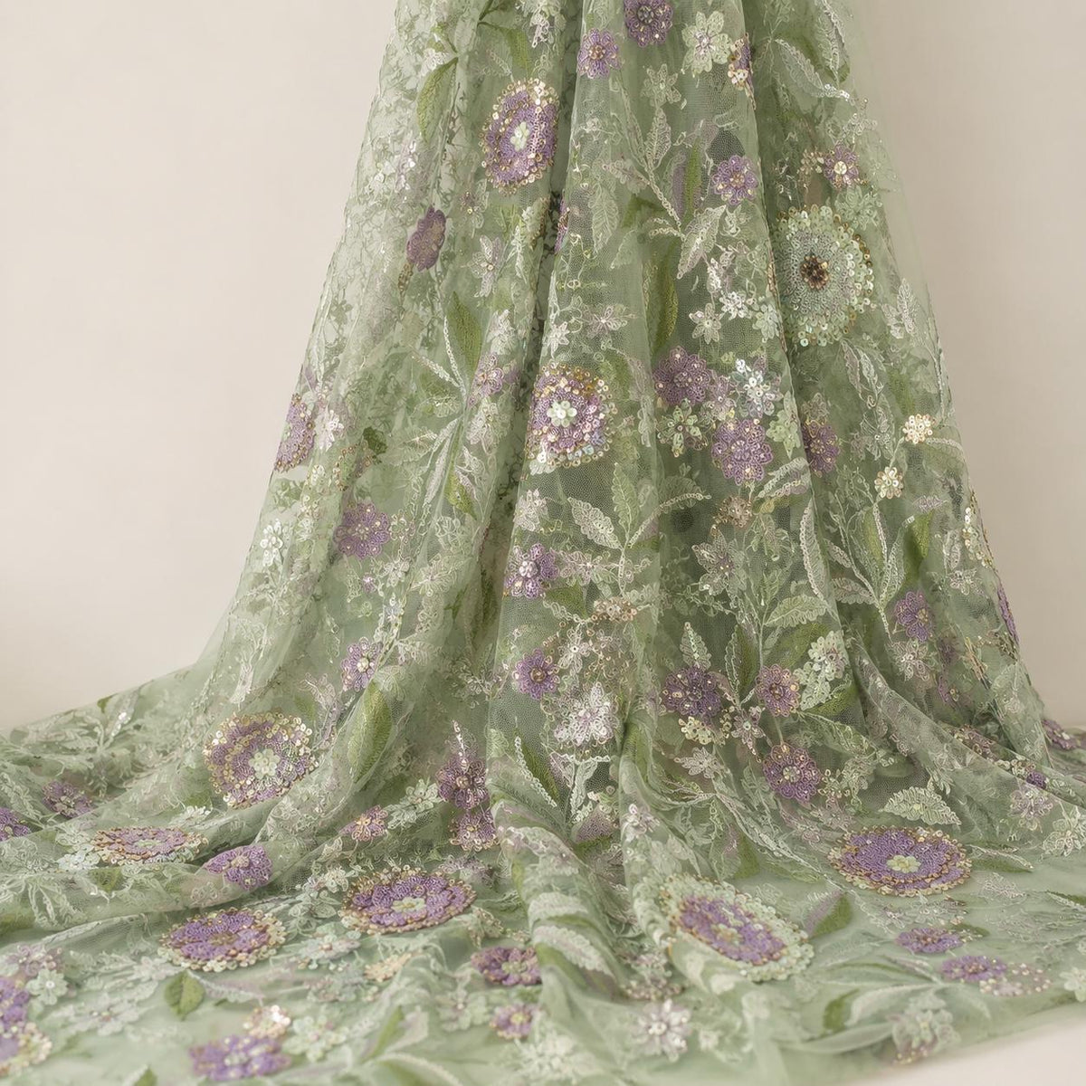 Sage Green Floral Sequin Lace Fabric by the Yard, Multicolor Embroidered Mesh with Lavender Flowers, Formal Gown & Couture Fabric