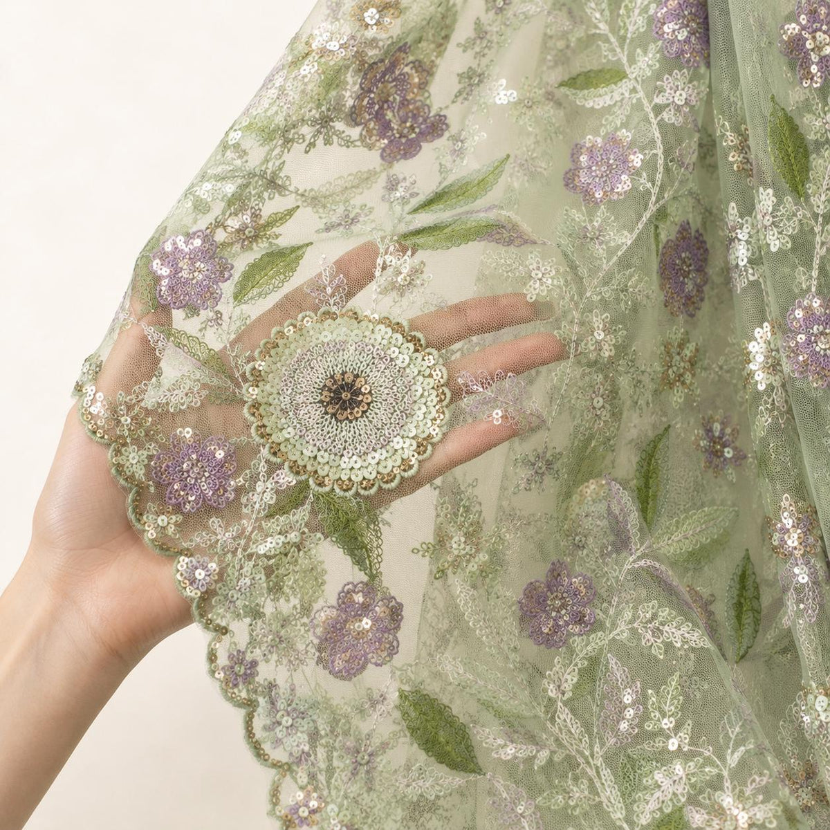 Sage Green Floral Sequin Lace Fabric by the Yard, Multicolor Embroidered Mesh with Lavender Flowers, Formal Gown & Couture Fabric