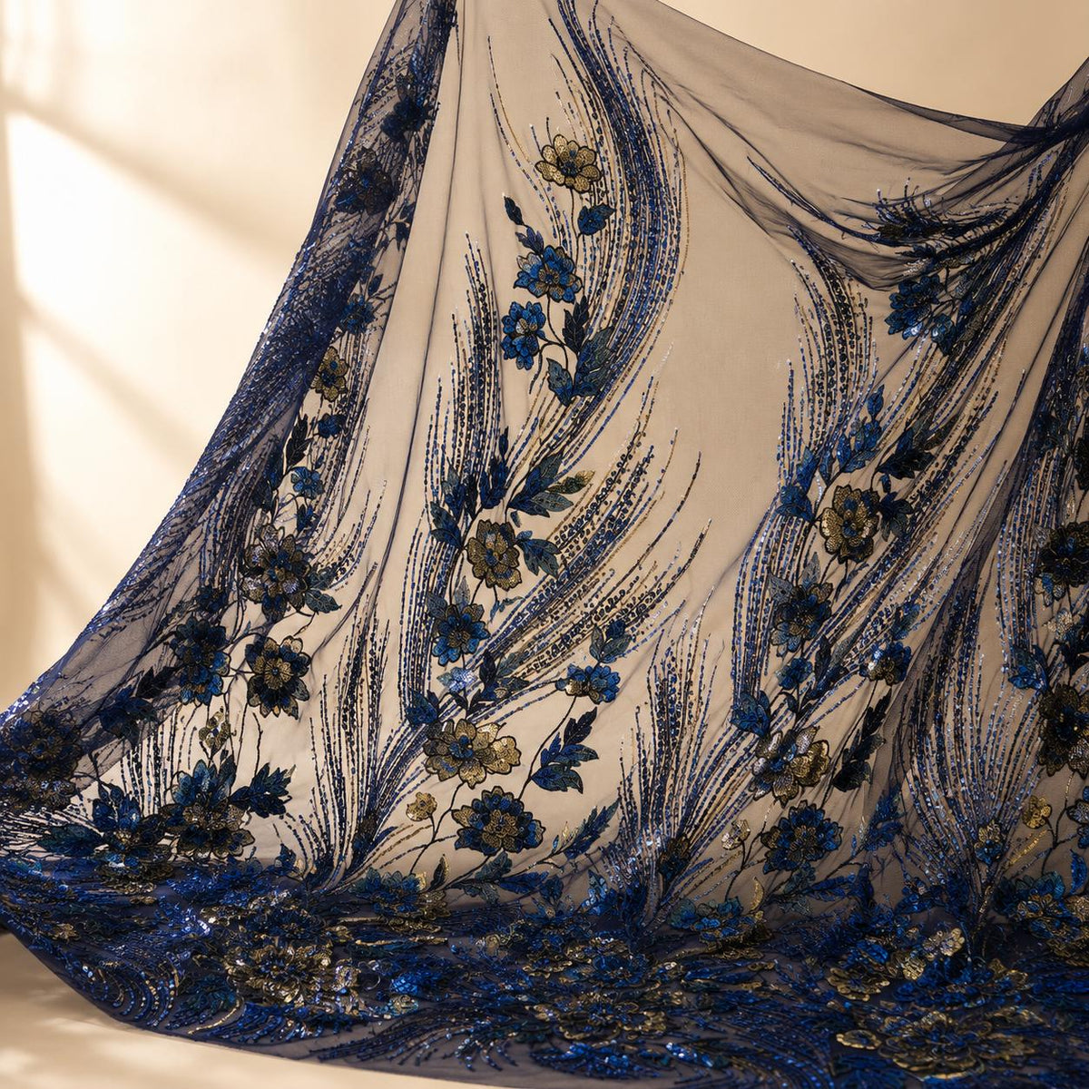 Navy Blue Sequin Lace Fabric by the Yard, Blue Gold Floral Embroidered Mesh, Sheer Couture Fabric for Evening Gowns & Formal Dresses