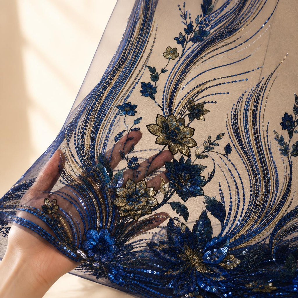 Navy Blue Sequin Lace Fabric by the Yard, Blue Gold Floral Embroidered Mesh, Sheer Couture Fabric for Evening Gowns & Formal Dresses