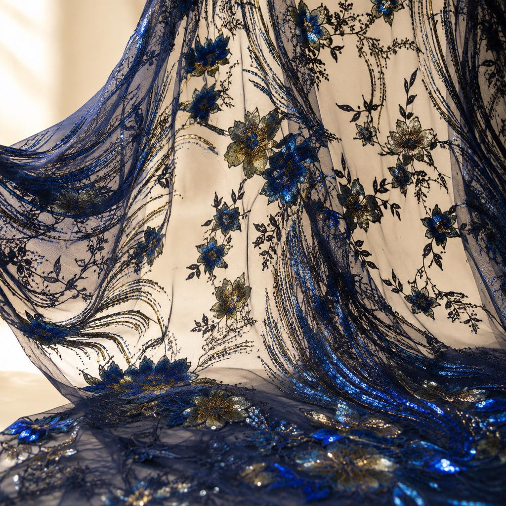 Navy Blue Sequin Lace Fabric by the Yard, Blue Gold Floral Embroidered Mesh, Sheer Couture Fabric for Evening Gowns & Formal Dresses