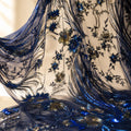 Navy Blue Sequin Lace Fabric by the Yard, Blue Gold Floral Embroidered Mesh, Sheer Couture Fabric for Evening Gowns & Formal Dresses