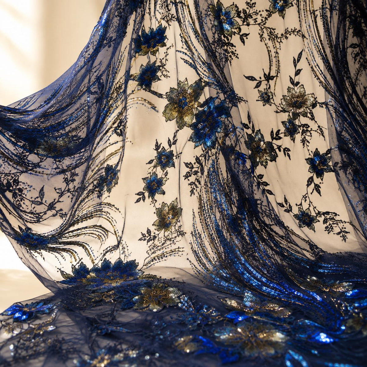 Navy Blue Sequin Lace Fabric by the Yard, Blue Gold Floral Embroidered Mesh, Sheer Couture Fabric for Evening Gowns & Formal Dresses