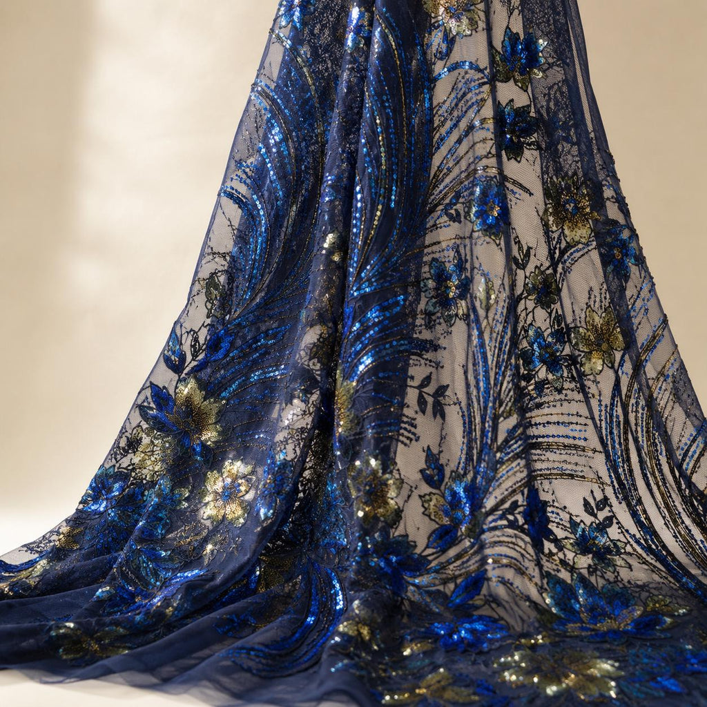 Navy Blue Sequin Lace Fabric by the Yard, Blue Gold Floral Embroidered Mesh, Sheer Couture Fabric for Evening Gowns & Formal Dresses