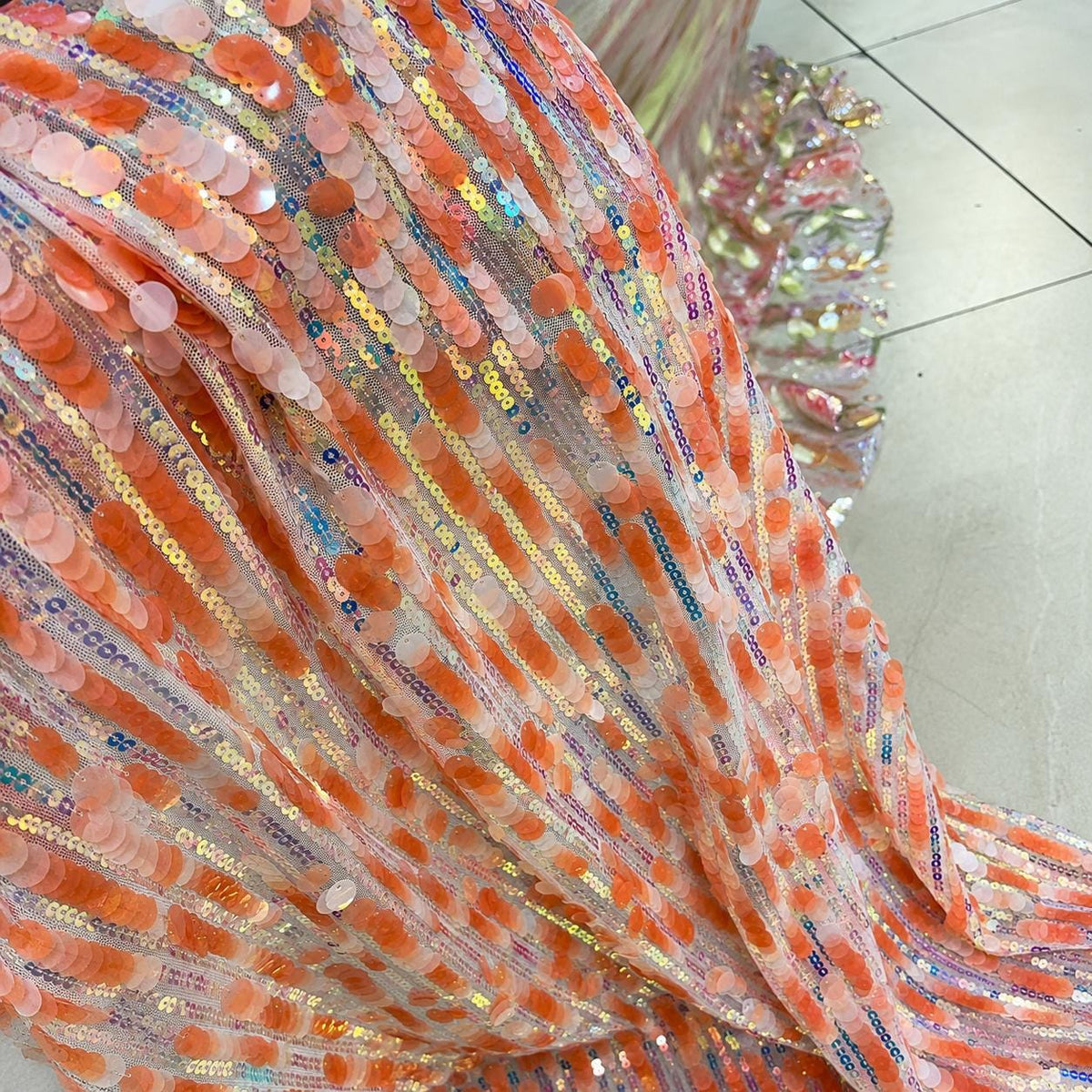 Peach Coral Paillette Sequin Fabric by the Yard, Iridescent Holographic Mesh Fabric, Large Sequin Fabric for Prom Dress & Gown