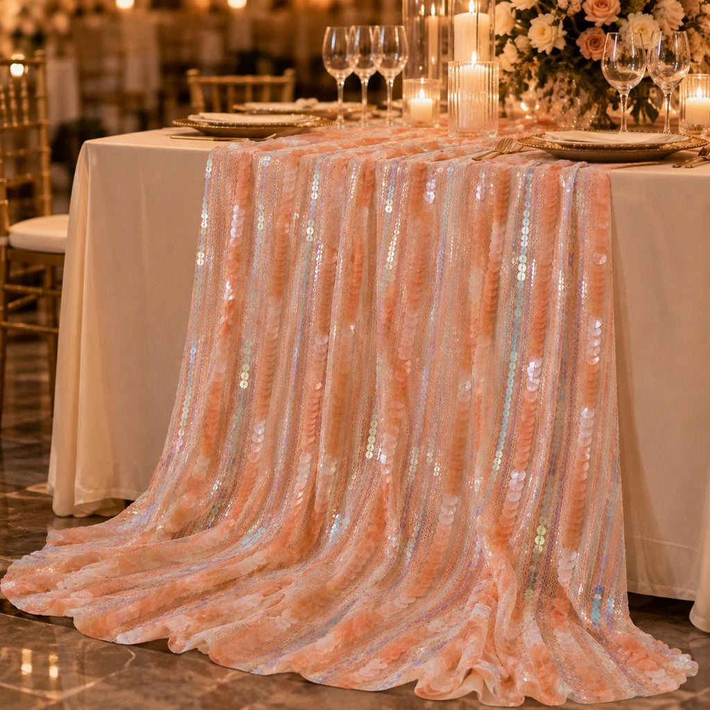 Peach Iridescent Sequin Fabric by the Yard, Coral Sequin Mesh for Wedding Decor, Table Runner, Party Backdrop & Event Decoration