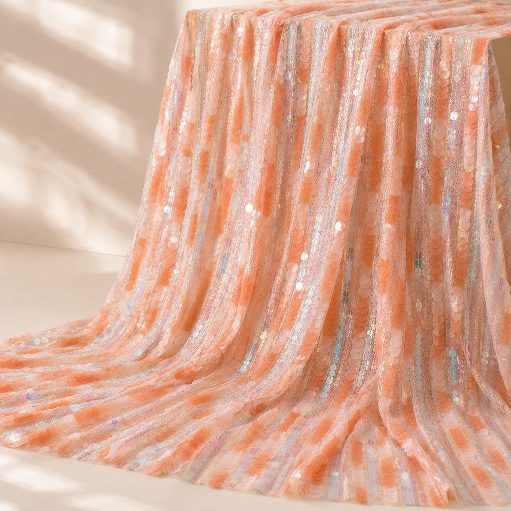 Peach Iridescent Sequin Fabric by the Yard, Coral Sequin Mesh for Wedding Decor, Table Runner, Party Backdrop & Event Decoration