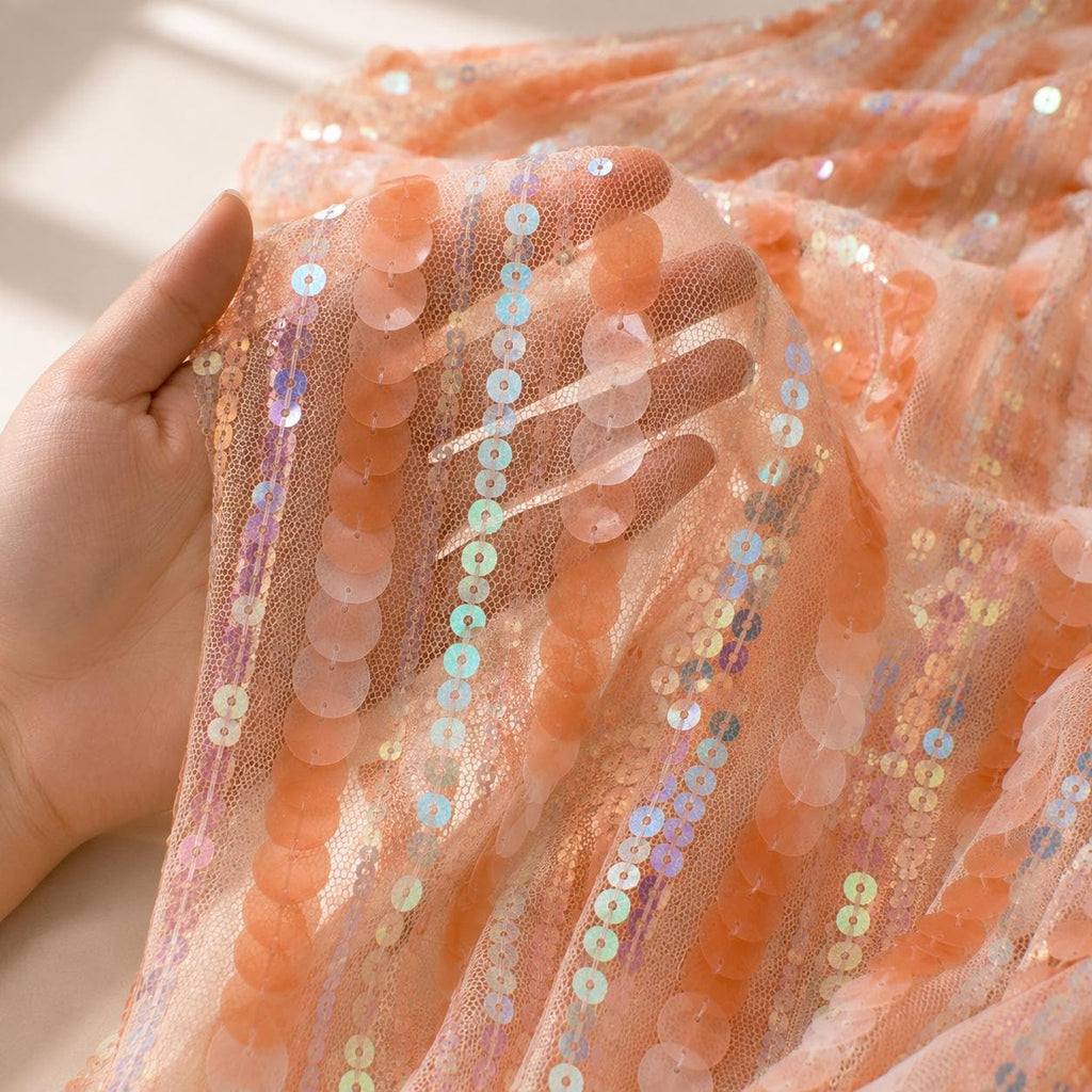 Peach Iridescent Sequin Fabric by the Yard, Coral Sequin Mesh for Wedding Decor, Table Runner, Party Backdrop & Event Decoration