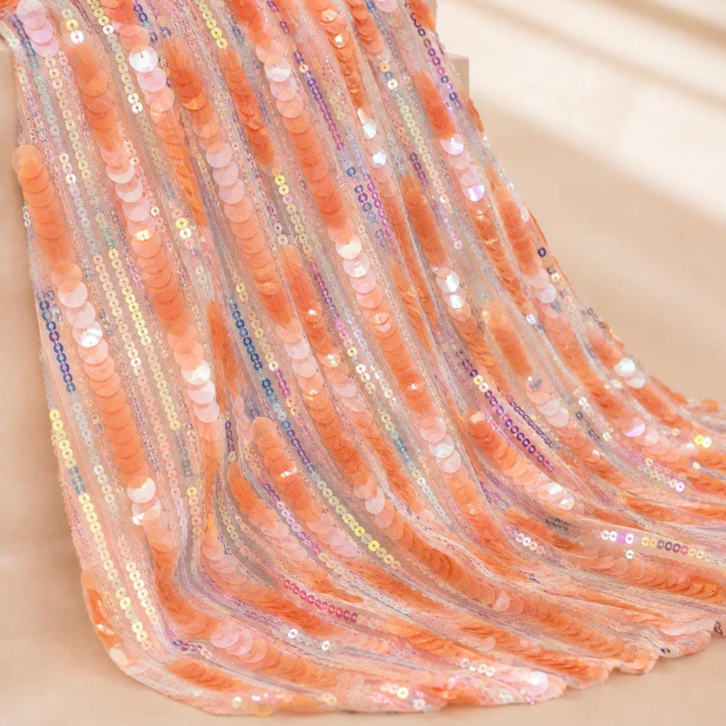 Peach Iridescent Sequin Fabric by the Yard, Coral Sequin Mesh for Wedding Decor, Table Runner, Party Backdrop & Event Decoration