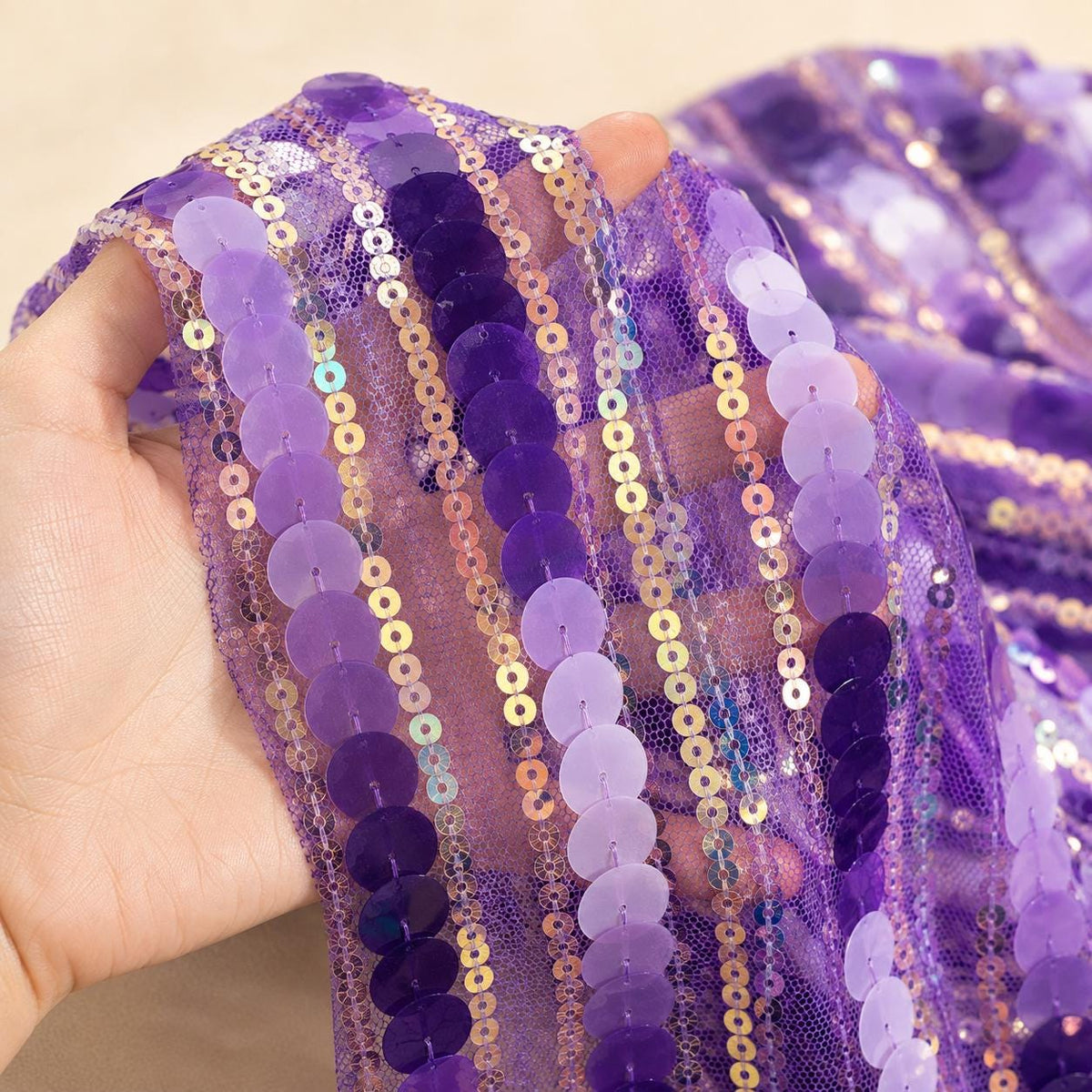 Lavender Sequin Fabric by the Yard, Purple Iridescent Paillette Mesh for Prom Dress, Evening Gown, Pageant & Couture Sewing