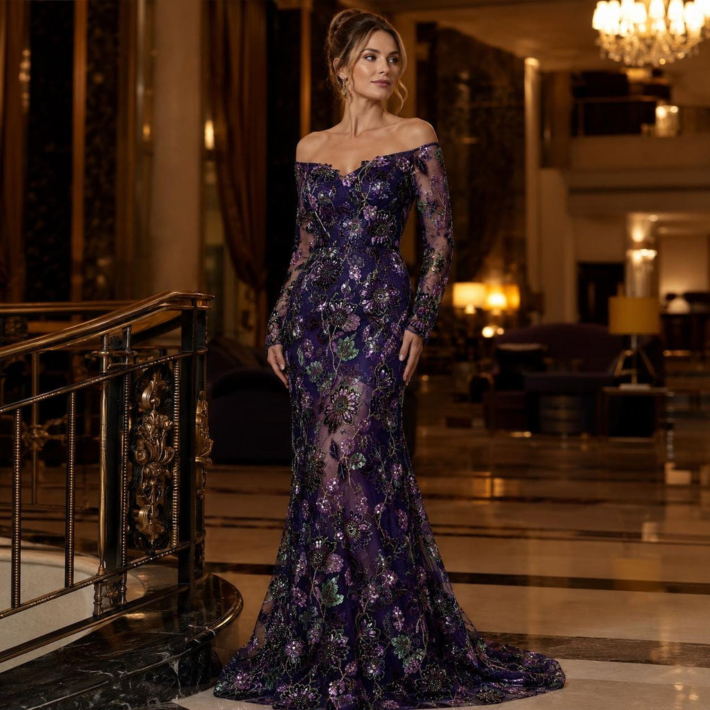 Navy Purple Floral Sequin Lace Fabric by the Yard, Multicolor Embroidered Sheer Mesh, Botanical Lace for Evening Gowns & Formal Dresses