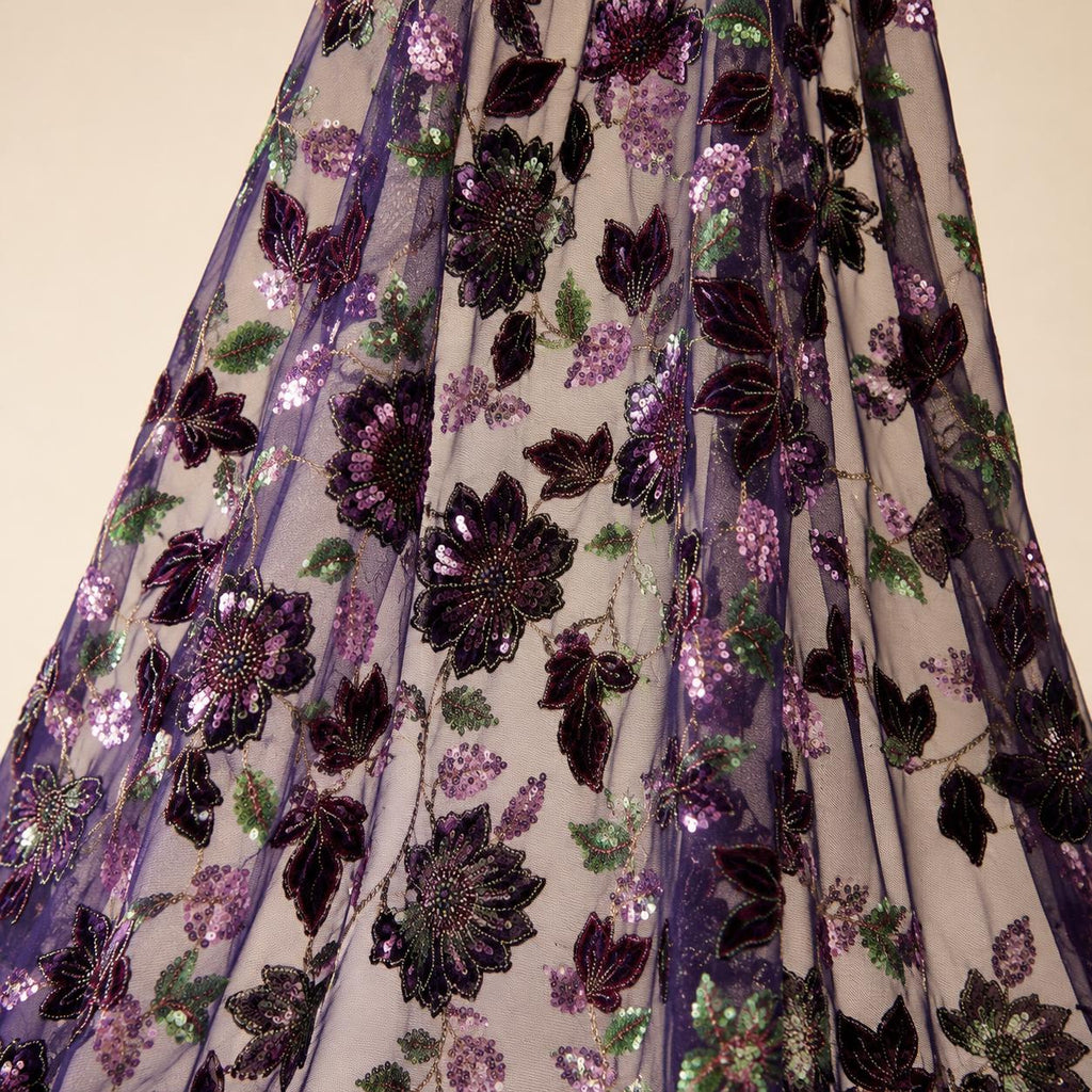 Navy Purple Floral Sequin Lace Fabric by the Yard, Multicolor Embroidered Sheer Mesh, Botanical Lace for Evening Gowns & Formal Dresses