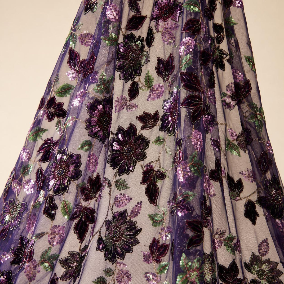 Navy Purple Floral Sequin Lace Fabric by the Yard, Multicolor Embroidered Sheer Mesh, Botanical Lace for Evening Gowns & Formal Dresses