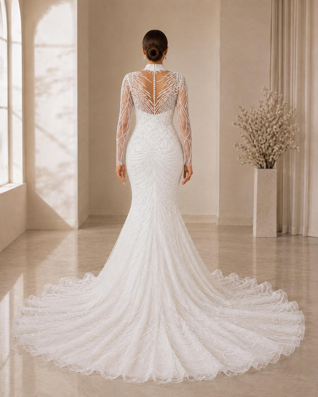 High-Neck Beaded Mermaid Wedding Dress with Long Sleeves