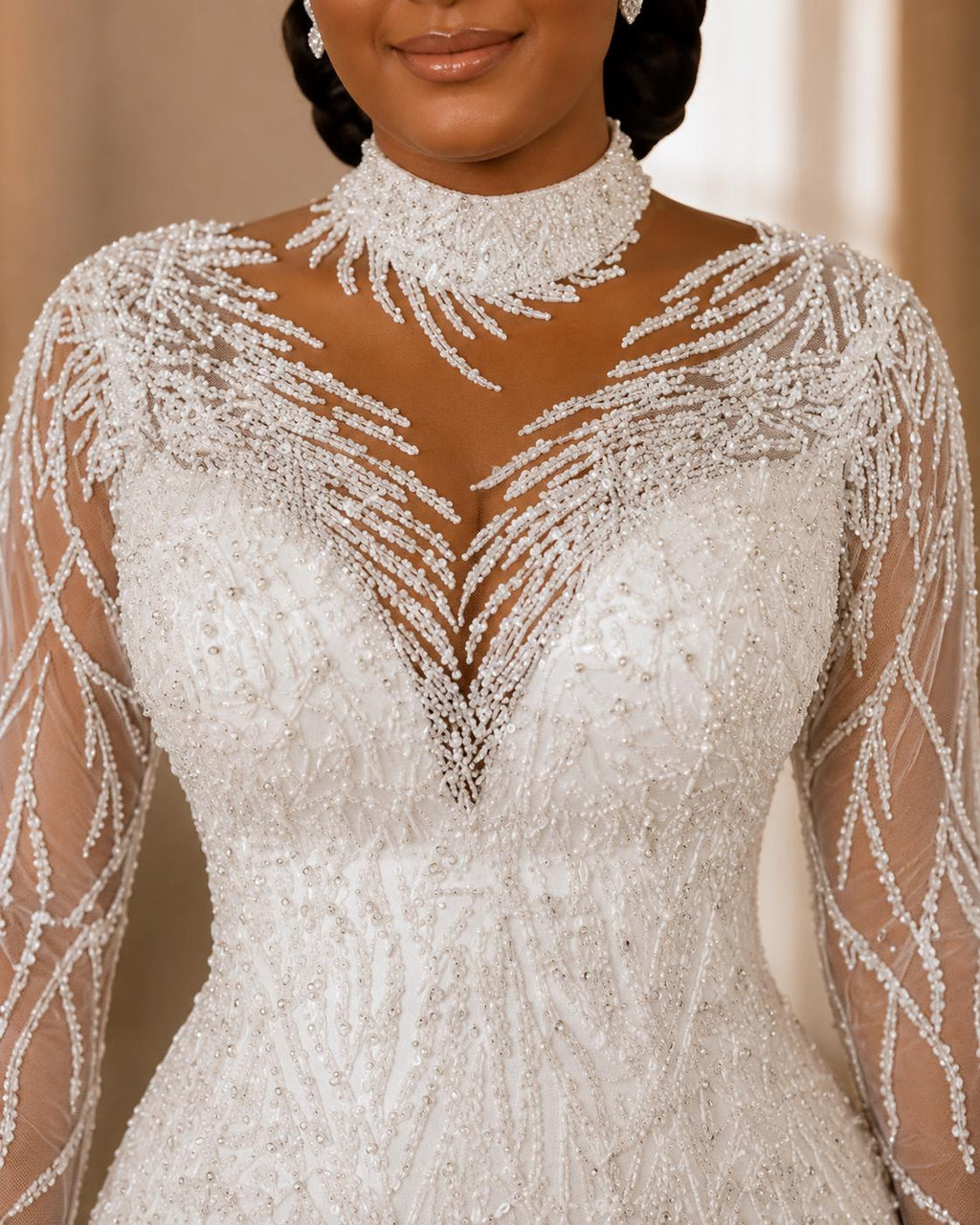 High-Neck Beaded Mermaid Wedding Dress with Long Sleeves