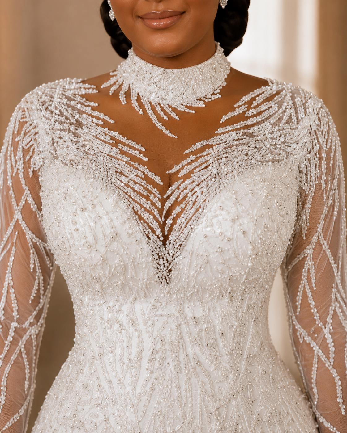 High-Neck Beaded Mermaid Wedding Dress with Long Sleeves