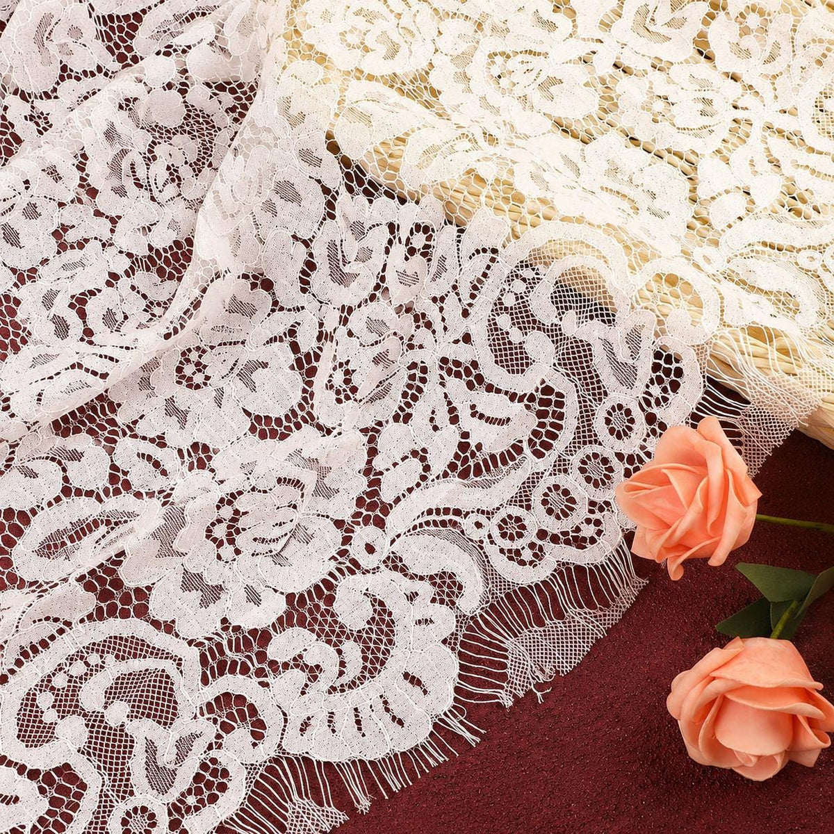 Ivory Floral Lace Fabric by the Yard, Corded Bridal Lace for Wedding Dress, Veil, Gown, Sleeves & Couture, 58–59 in Wide