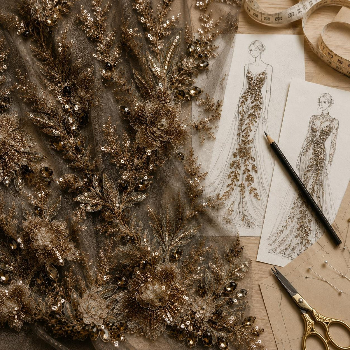 Gold Bronze Beaded Lace Fabric by the Yard, Floral Sequin Embroidered Tulle Mesh, Couture Fabric for Evening Gown, Bridal Dress