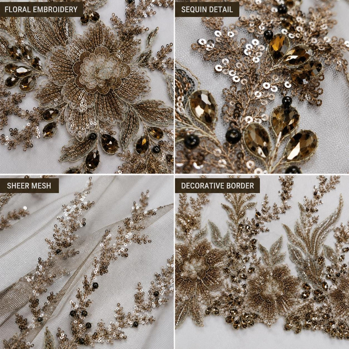 Gold Bronze Beaded Lace Fabric by the Yard, Floral Sequin Embroidered Tulle Mesh, Couture Fabric for Evening Gown, Bridal Dress
