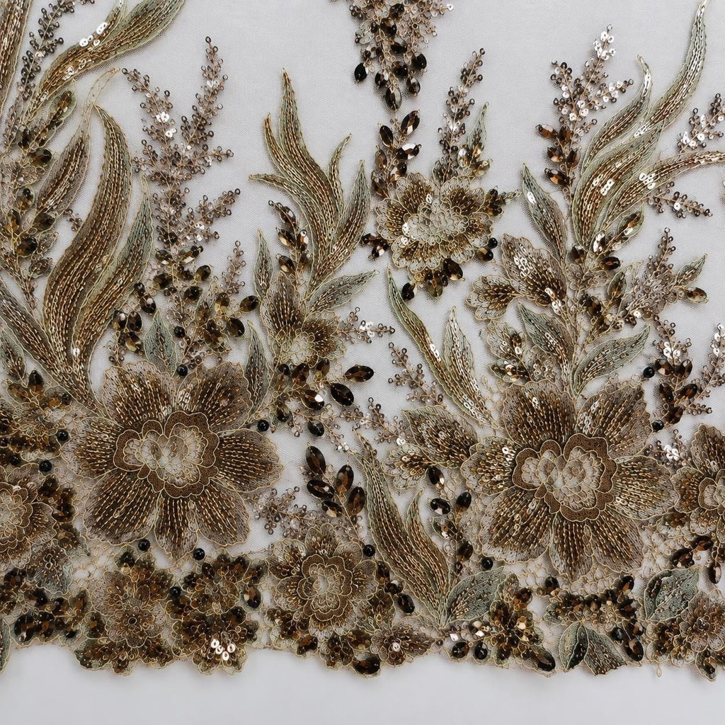 Gold Bronze Beaded Lace Fabric by the Yard, Floral Sequin Embroidered Tulle Mesh, Couture Fabric for Evening Gown, Bridal Dress