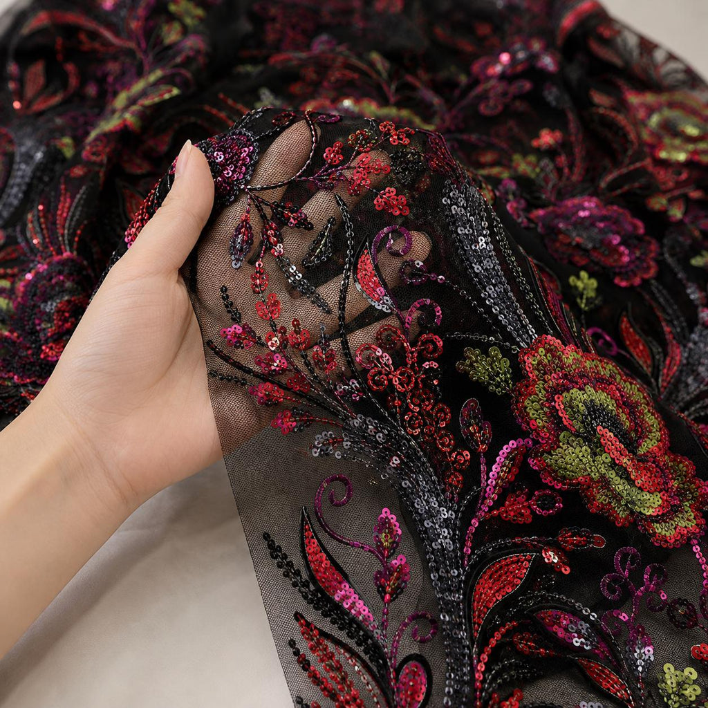 Multicolor Floral Sequin Lace Fabric by the Yard, Black Beaded Embroidered Mesh, Couture Fabric for Evening Gown, Prom Dress