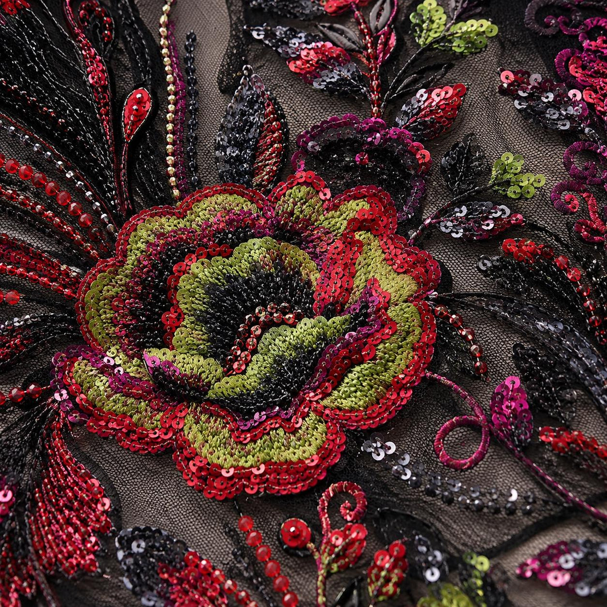 Multicolor Floral Sequin Lace Fabric by the Yard, Black Beaded Embroidered Mesh, Couture Fabric for Evening Gown, Prom Dress