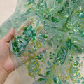 Seafoam Green Floral Sequin Lace Fabric by the Yard, Beaded Embroidered Mesh, Mint Green Couture Fabric for Prom Evening Gown
