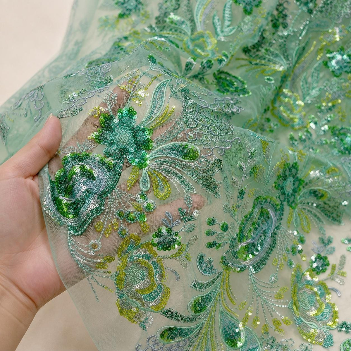 Seafoam Green Floral Sequin Lace Fabric by the Yard, Beaded Embroidered Mesh, Mint Green Couture Fabric for Prom Evening Gown