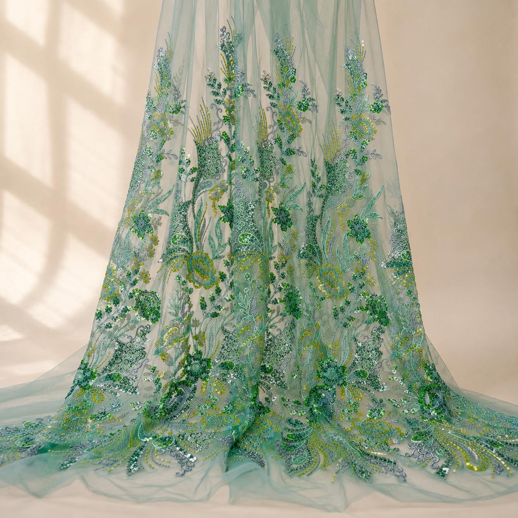 Seafoam Green Floral Sequin Lace Fabric by the Yard, Beaded Embroidered Mesh, Mint Green Couture Fabric for Prom Evening Gown