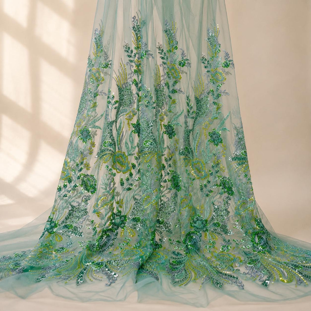 Seafoam Green Floral Sequin Lace Fabric by the Yard, Beaded Embroidered Mesh, Mint Green Couture Fabric for Prom Evening Gown