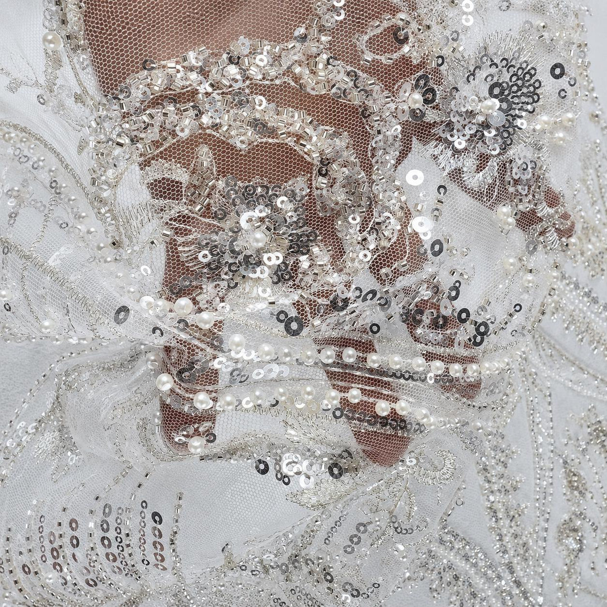 White Silver Beaded Lace Fabric by the Yard, Sequin Embroidered Tulle Mesh, Scalloped Bridal Lace for Wedding Dress & Couture Gown