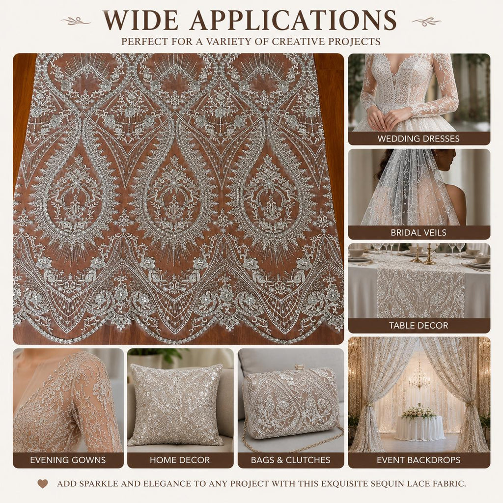 White Silver Beaded Lace Fabric by the Yard, Sequin Embroidered Tulle Mesh, Scalloped Bridal Lace for Wedding Dress & Couture Gown